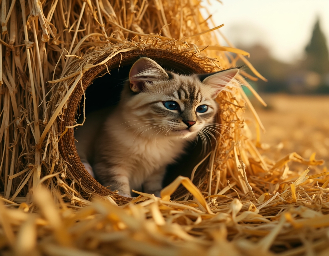 Cat finds a cozy nook within a haystack, soaking in the warmth and calm of the farm.